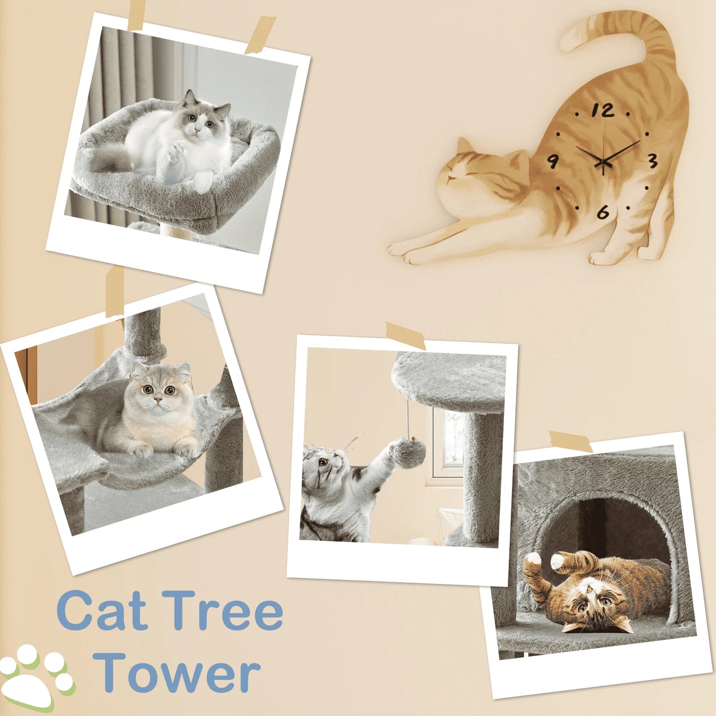 44-Inch Cat Tree Tower Multi-Cat Climbing Natural Sisal Scratching Posts Extended Platform Hammock