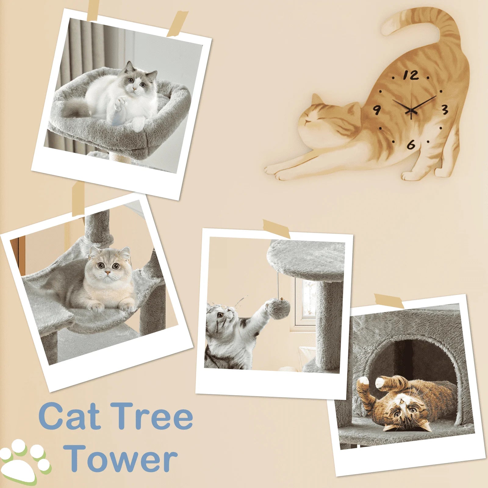 44-Inch Cat Tree Tower Multi-Cat Climbing Natural Sisal Scratching Posts Extended Platform Hammock