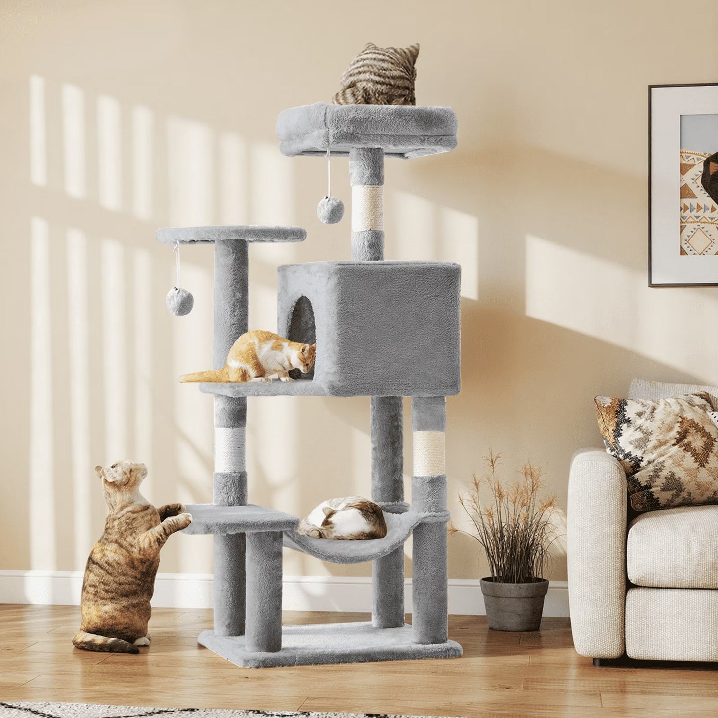 44-Inch Cat Tree Tower Multi-Cat Climbing Natural Sisal Scratching Posts Extended Platform Hammock