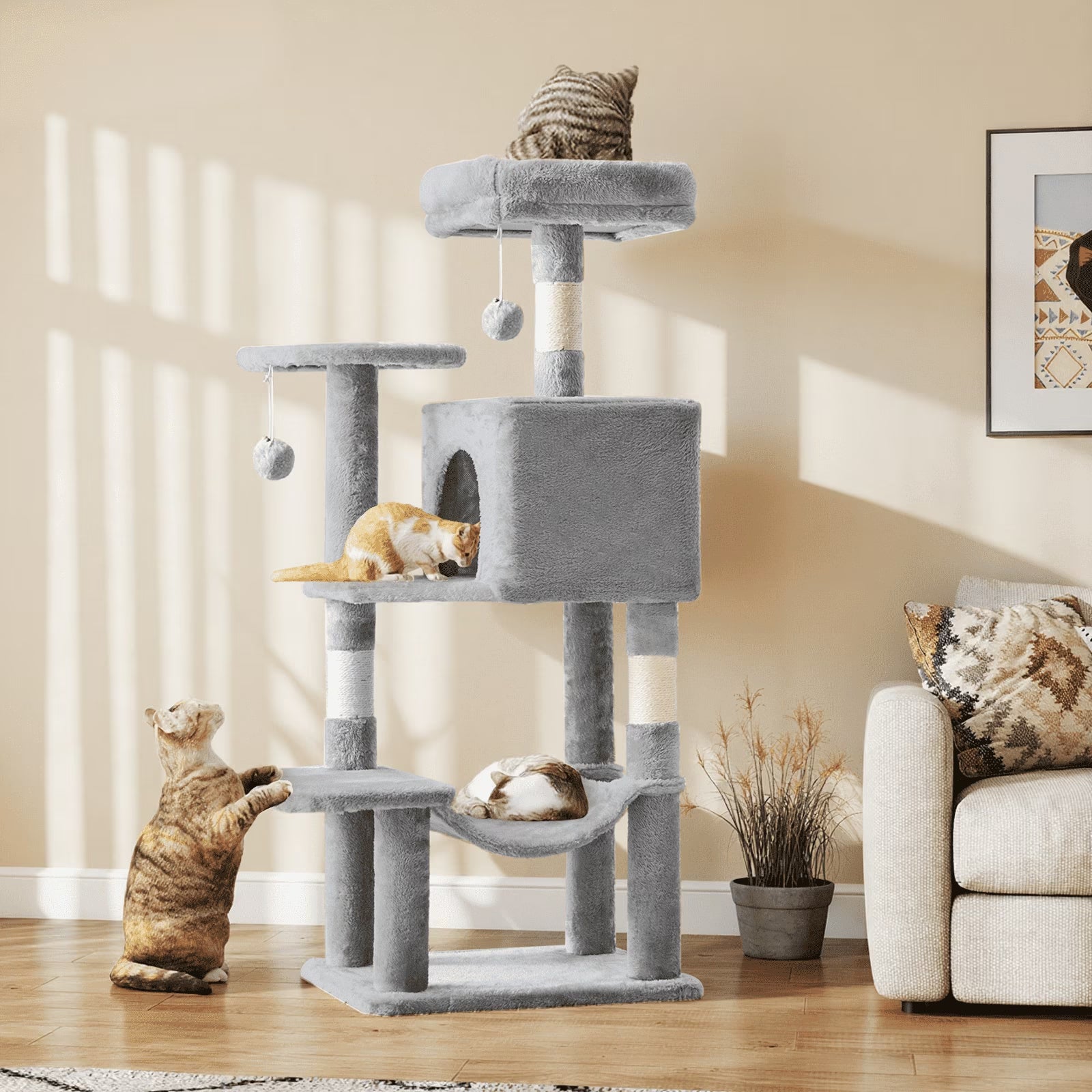 44-Inch Cat Tree Tower Multi-Cat Climbing Natural Sisal Scratching Posts Extended Platform Hammock