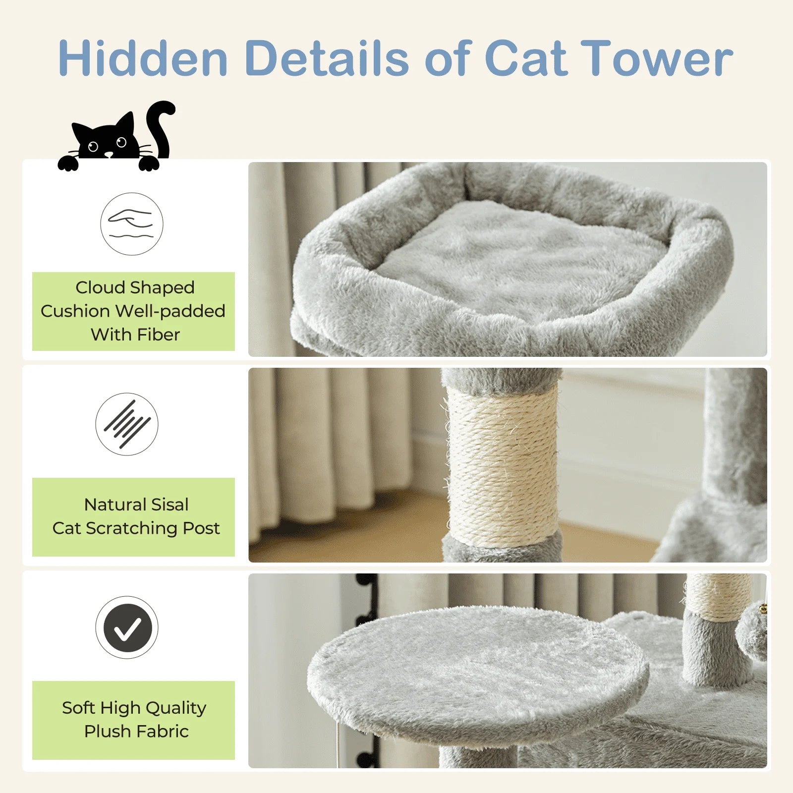 44-Inch Cat Tree Tower Multi-Cat Climbing Natural Sisal Scratching Posts Extended Platform Hammock