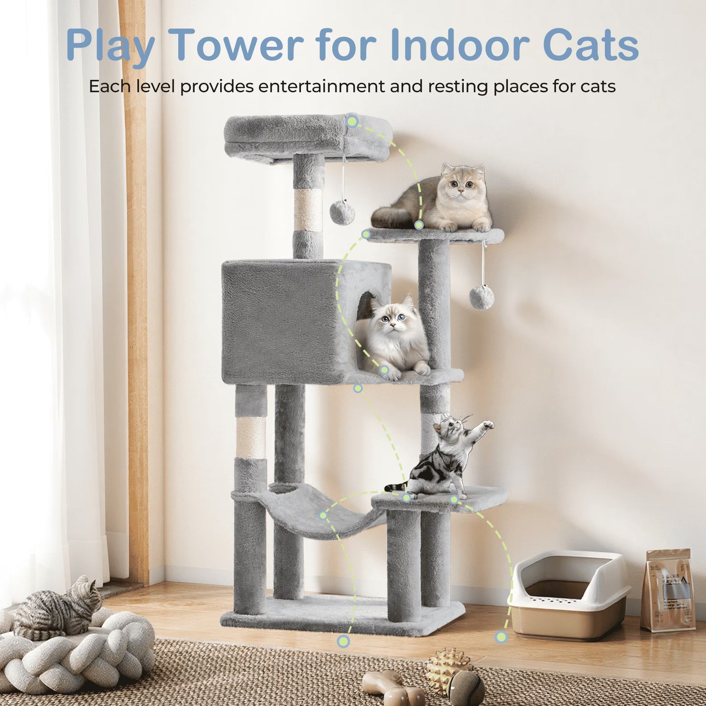 44-Inch Cat Tree Tower Multi-Cat Climbing Natural Sisal Scratching Posts Extended Platform Hammock