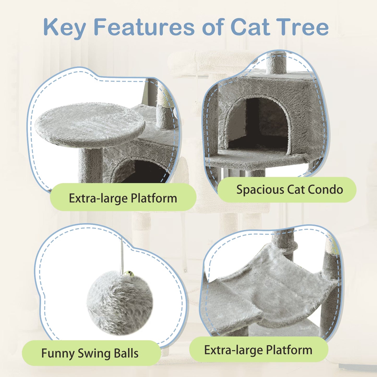 44-Inch Cat Tree Tower Multi-Cat Climbing Natural Sisal Scratching Posts Extended Platform Hammock