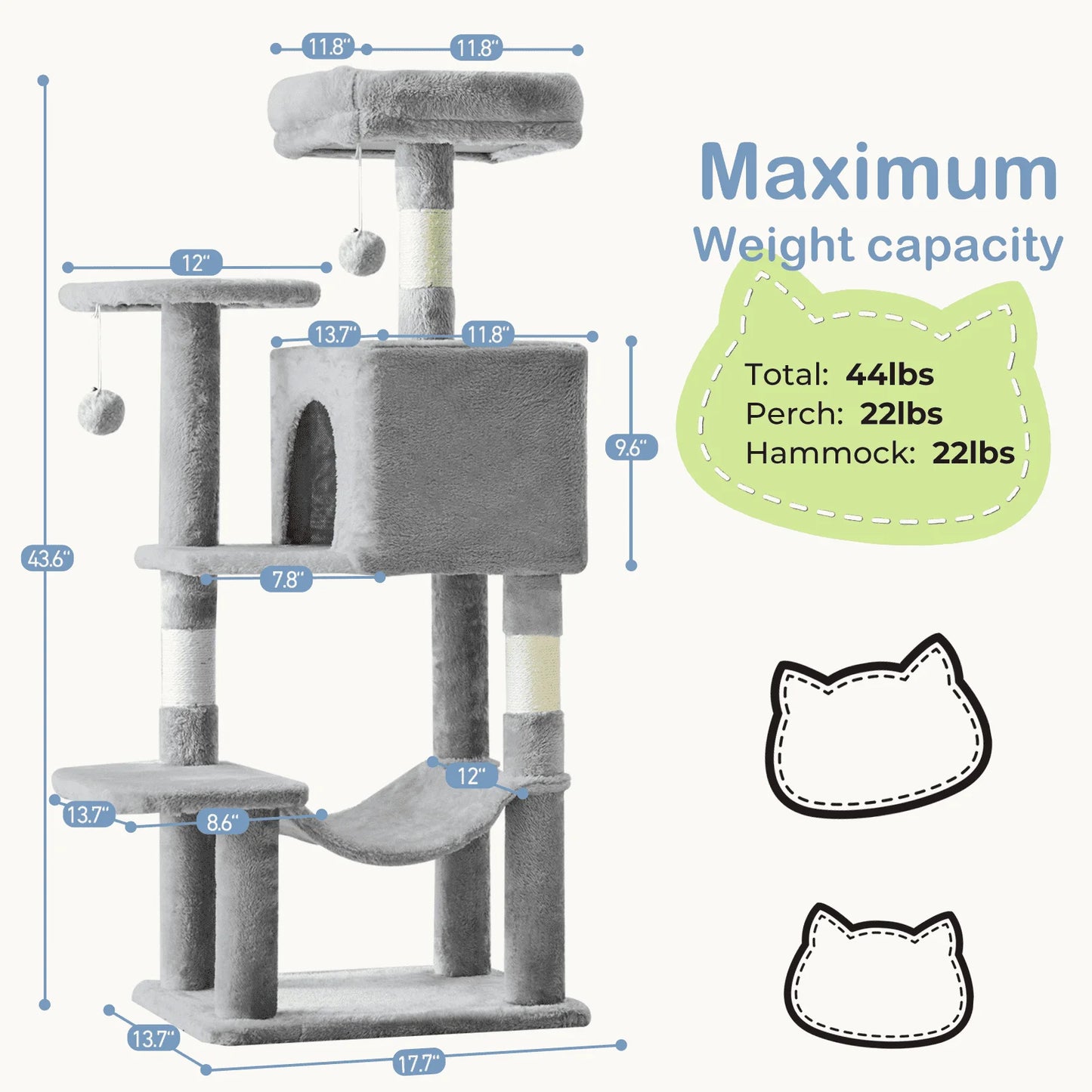 44-Inch Cat Tree Tower Multi-Cat Climbing Natural Sisal Scratching Posts Extended Platform Hammock